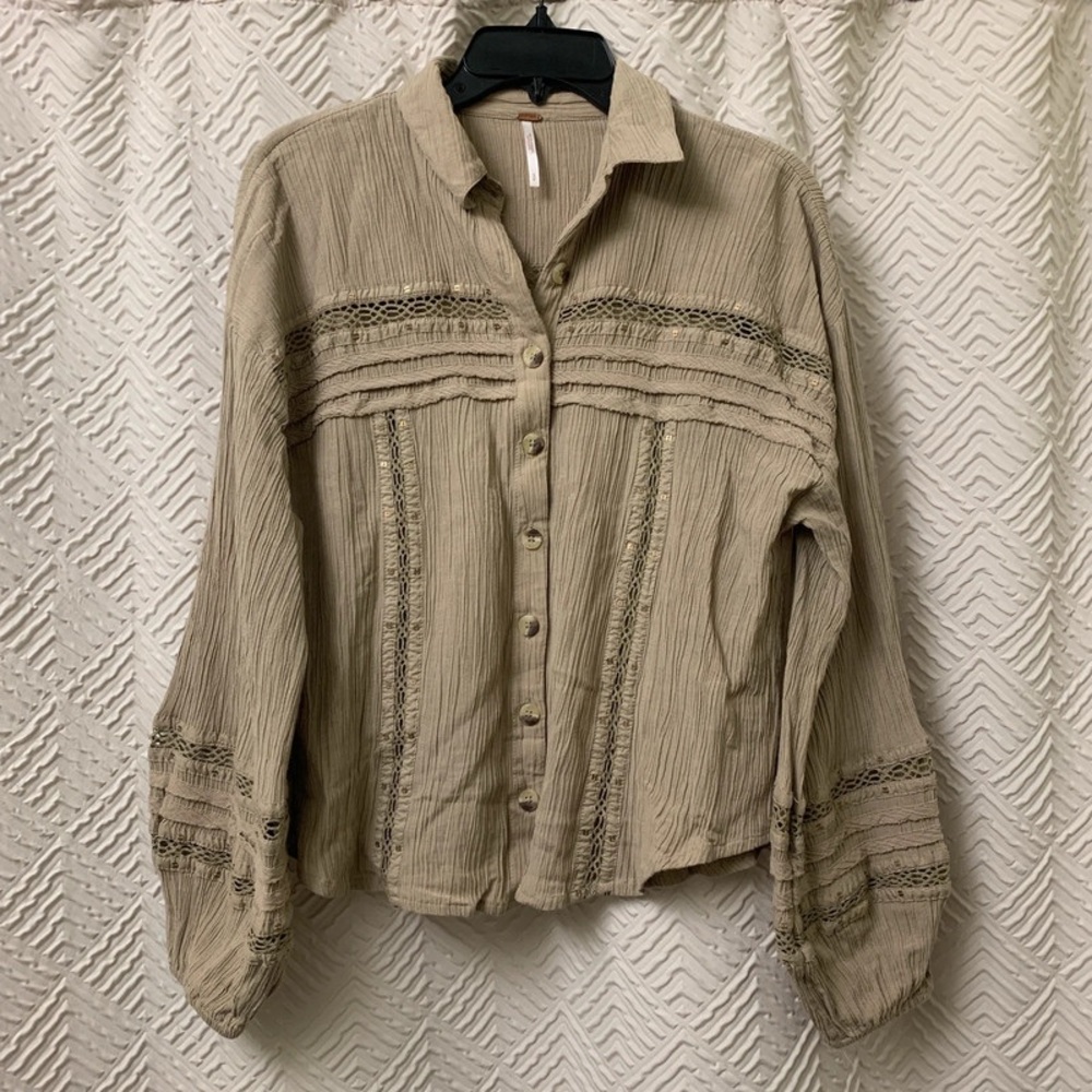 Free People Beige Button-Up Blouse with Lace Details